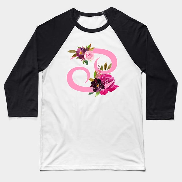 Cancer Horoscope Zodiac Pink Flower Design Baseball T-Shirt by bumblefuzzies